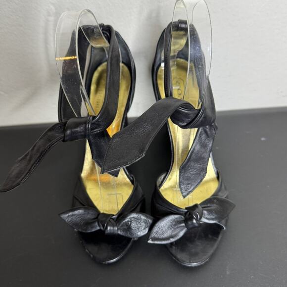 Coach Black Leather Peep-Toe Heels, Ankle Tie, 3.5" Block Heel, Size 6B - Picture 5 of 9